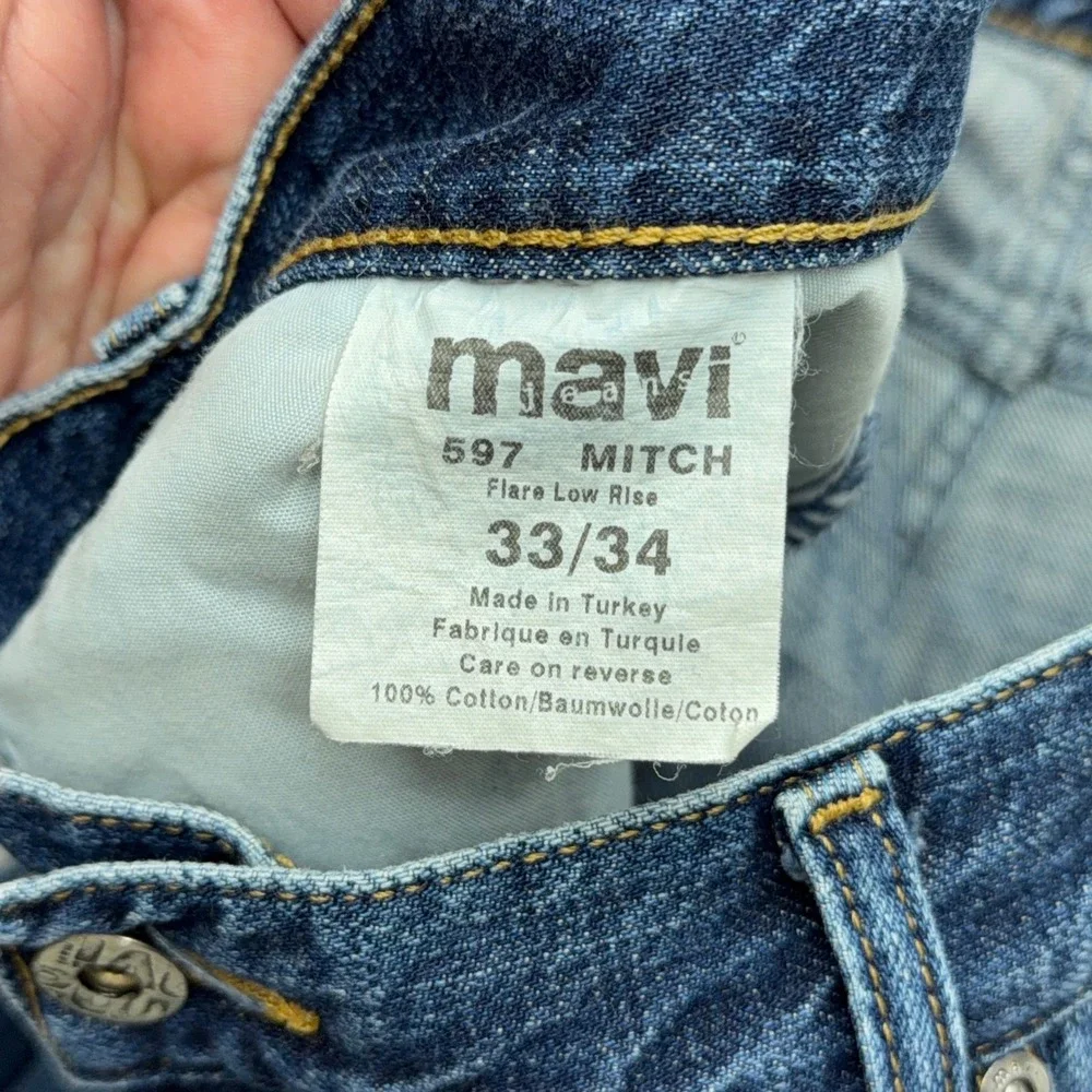 Mavi Jeans Men 33x34 Blue 597 Mitch Flare Low Rise Denim Pants Whiskered Creased